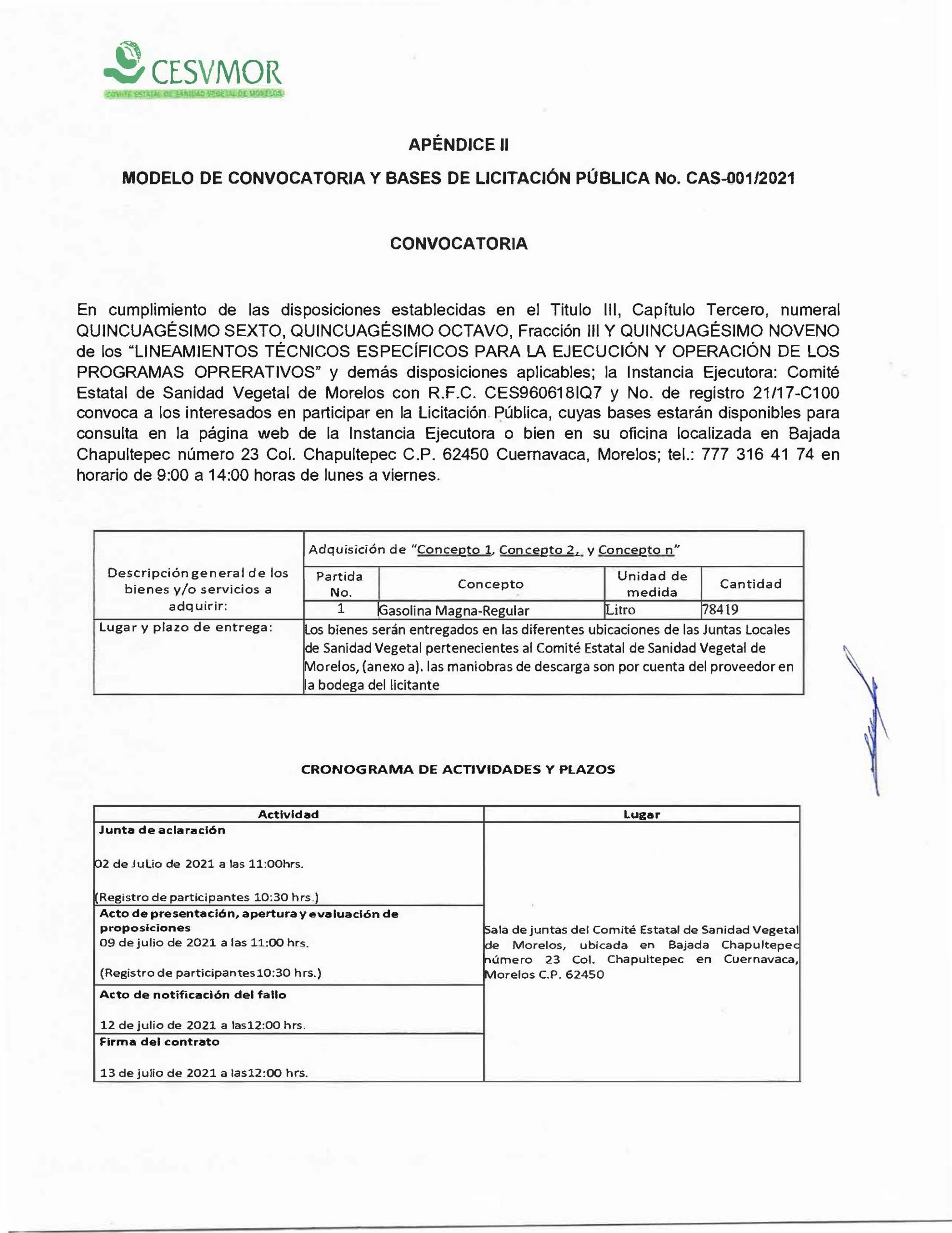 CONVOCATORIA – Licitación Pública /2021 – CESVMOR – Comité  Estatal de Sanidad Vegetal de Morelos